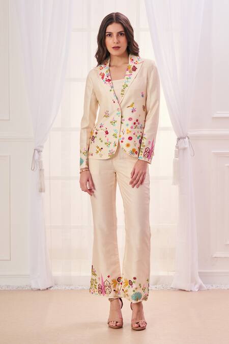 Taroob_White Silk Blend Embroidered Nizam Kalamkari Jacket Lapel Collar Work Pant Set_at_Aza_Fashions
