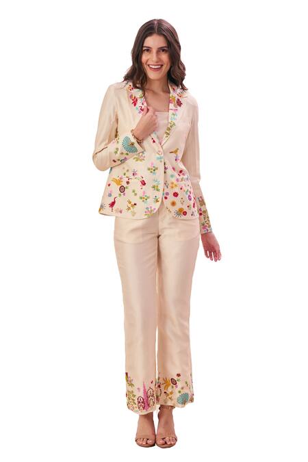 Buy_Taroob_White Silk Blend Embroidered Nizam Kalamkari Jacket Lapel Collar Work Pant Set