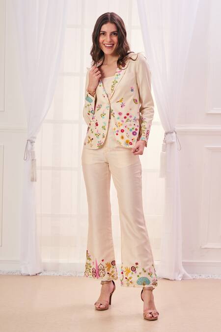 Shop_Taroob_White Silk Blend Embroidered Nizam Kalamkari Jacket Lapel Collar Work Pant Set