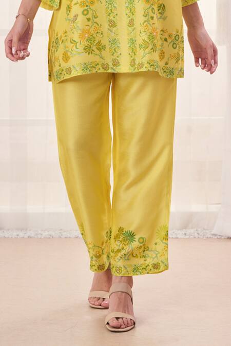 Taroob Yellow Silk, Linen Embroidery Split V-neck Floral Hand Work Kurta And Pant Set Online at Aza Fashions Taroob_Yellow Silk, Linen Embroidery Split V-neck Floral Hand Work Kurta And Pant Set_Online_at_Aza_Fashions