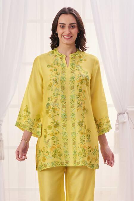 Buy Taroob Yellow Silk, Linen Embroidery Split V-neck Floral Hand Work Kurta And Pant Set Online at Aza Fashions Buy_Taroob_Yellow Silk, Linen Embroidery Split V-neck Floral Hand Work Kurta And Pant Set_Online_at_Aza_Fashions