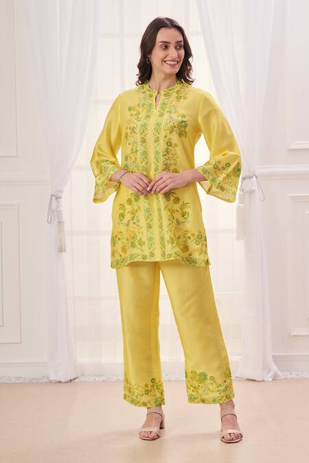 Shop Taroob Yellow Silk, Linen Embroidery Split V-neck Floral Hand Work Kurta And Pant Set Online at Aza Fashions Shop_Taroob_Yellow Silk, Linen Embroidery Split V-neck Floral Hand Work Kurta And Pant Set_Online_at_Aza_Fashions