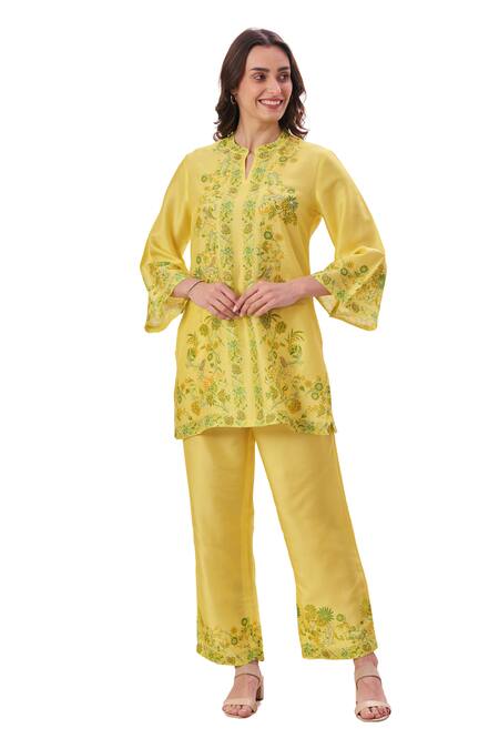 Taroob Yellow Silk, Linen Embroidery Split V-neck Floral Hand Work Kurta And Pant Set at Aza Fashions Taroob_Yellow Silk, Linen Embroidery Split V-neck Floral Hand Work Kurta And Pant Set_at_Aza_Fashions