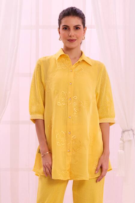 Buy_Taroob_Yellow Silk Cotton Blend Embroidered Safari Collar Floral Shirt And Pant Set_Online_at_Aza_Fashions