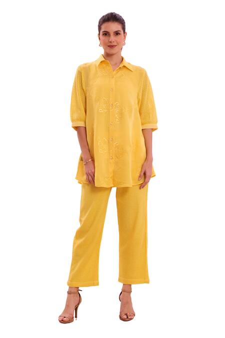 Shop_Taroob_Yellow Silk Cotton Blend Embroidered Safari Collar Floral Shirt And Pant Set_Online_at_Aza_Fashions