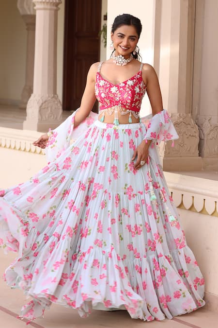 Buy_Manisha Soni Couture_Red Organza, Chiffon Sequins, Embroidery, Beads Floral Print Tiered Lehenga Set For Kids_Online_at_Aza_Fashions