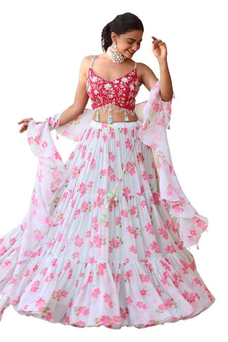 Manisha Soni Couture_Red Organza, Chiffon Sequins, Embroidery, Beads Floral Print Tiered Lehenga Set For Kids_at_Aza_Fashions