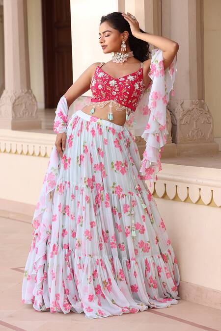Buy_Manisha Soni Couture_Red Organza, Chiffon Sequins, Embroidery, Beads Floral Print Tiered Lehenga Set For Kids