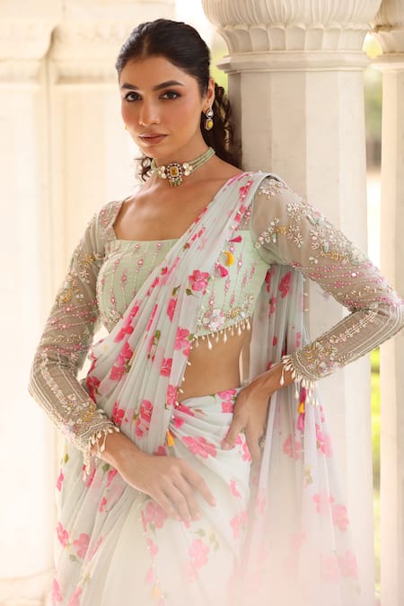 Buy_Manisha Soni Couture_Green Organza, Georgette, Chiffon Pearls, Floral Print Pre-draped Saree And Blouse For Kids