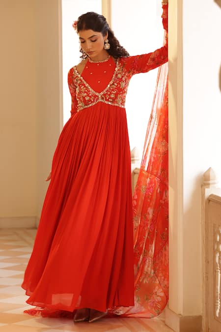 Buy_Manisha Soni Couture_Orange Chiffon, Georgette Embroidery, Zari, Mirrors Floral Work Anarkali Set For Kids_Online_at_Aza_Fashions