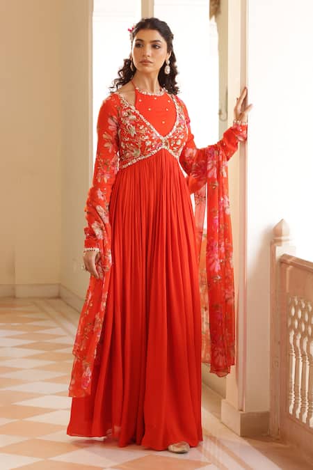 Shop_Manisha Soni Couture_Orange Chiffon, Georgette Embroidery, Zari, Mirrors Floral Work Anarkali Set For Kids_Online_at_Aza_Fashions