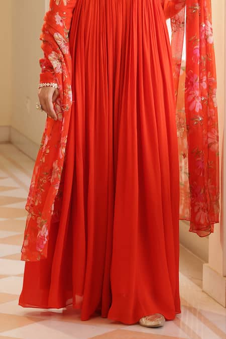 Manisha Soni Couture_Orange Chiffon, Georgette Embroidery, Zari, Mirrors Floral Work Anarkali Set For Kids_at_Aza_Fashions