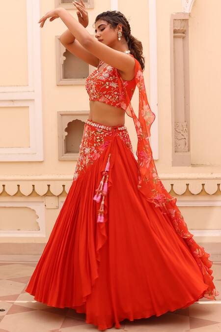 Buy_Manisha Soni Couture_Orange Georgette, Chiffon Embroidery, Sequins Floral Mirror Work Lehenga Set For Kids_Online_at_Aza_Fashions