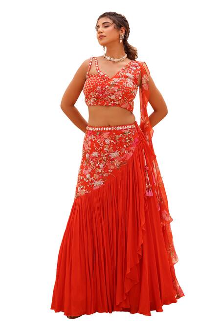 Manisha Soni Couture_Orange Georgette, Chiffon Embroidery, Sequins Floral Mirror Work Lehenga Set For Kids_at_Aza_Fashions