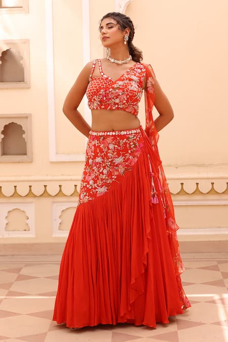 Buy_Manisha Soni Couture_Orange Georgette, Chiffon Embroidery, Sequins Floral Mirror Work Lehenga Set For Kids