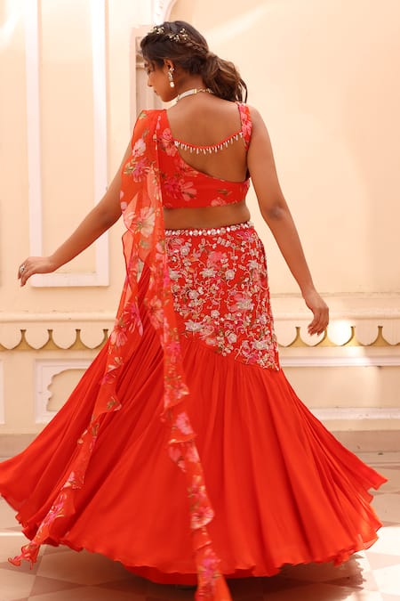 Shop_Manisha Soni Couture_Orange Georgette, Chiffon Embroidery, Sequins Floral Mirror Work Lehenga Set For Kids