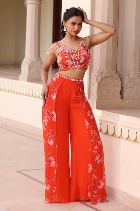 Manisha Soni Couture Orange Blouse Chiffon Printed Floral V-neck Hand Embroidered With Pant 