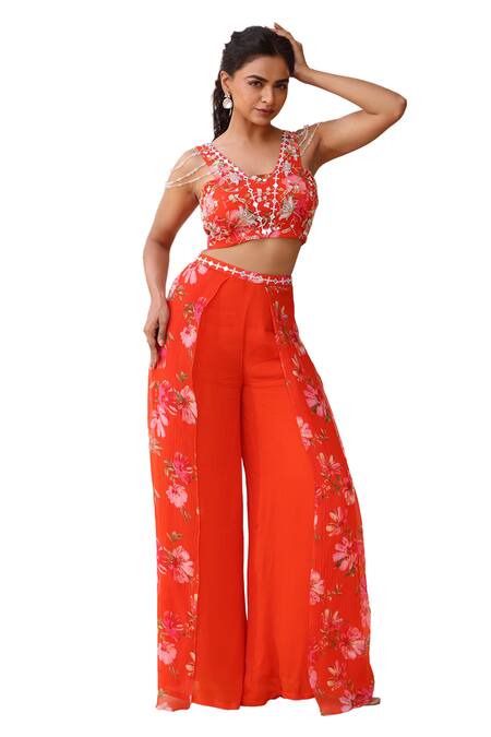 Shop Manisha Soni Couture Orange Chiffon, Georgette, Crepe Beads, Floral Mirror Work Blouse And Pant Set For Kids Shop_Manisha Soni Couture_Orange Chiffon, Georgette, Crepe Beads, Floral Mirror Work Blouse And Pant Set For Kids