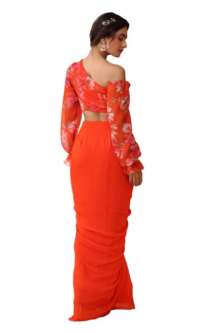 Manisha Soni Couture_Orange Chiffon, Georgette Sequins, Floral Mirror Work Blouse And Skirt Set For Kids_at_Aza_Fashions