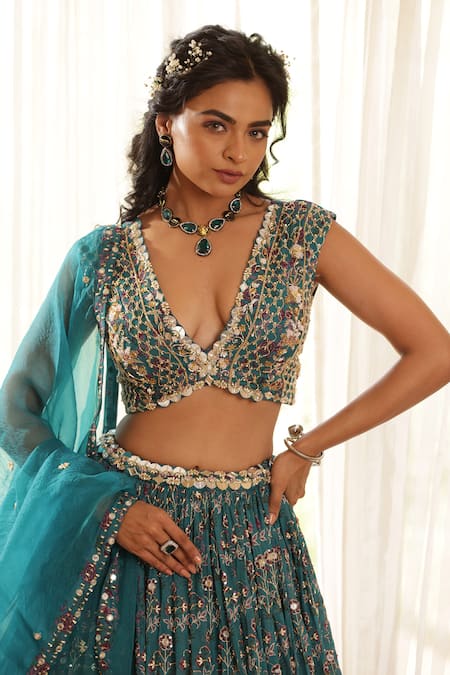 Buy_Manisha Soni Couture_Green Chiffon, Organza Embroidery, Sequins, Mirrors Floral Work Lehenga Set For Kids_Online_at_Aza_Fashions