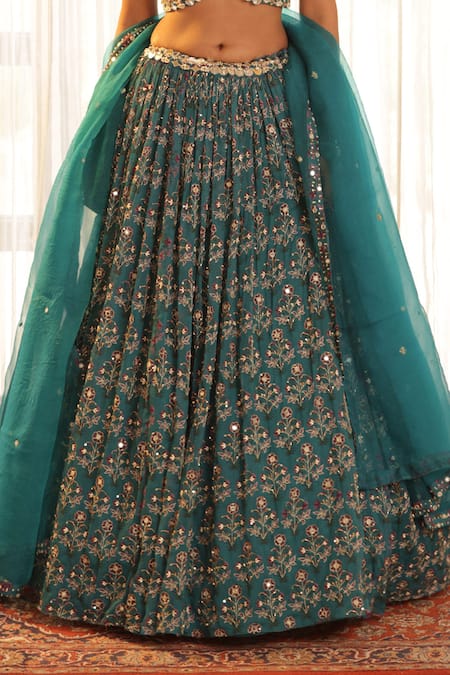 Shop_Manisha Soni Couture_Green Chiffon, Organza Embroidery, Sequins, Mirrors Floral Work Lehenga Set For Kids_Online_at_Aza_Fashions