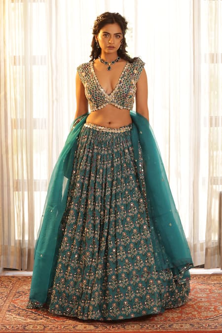 Manisha Soni Couture_Green Chiffon, Organza Embroidery, Sequins, Mirrors Floral Work Lehenga Set For Kids_at_Aza_Fashions