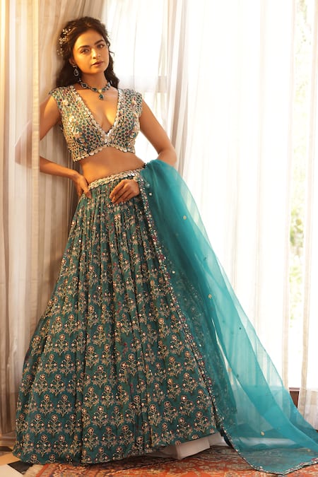 Buy_Manisha Soni Couture_Green Chiffon, Organza Embroidery, Sequins, Mirrors Floral Work Lehenga Set For Kids