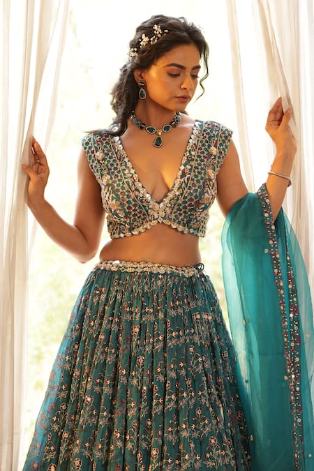 Shop_Manisha Soni Couture_Green Chiffon, Organza Embroidery, Sequins, Mirrors Floral Work Lehenga Set For Kids