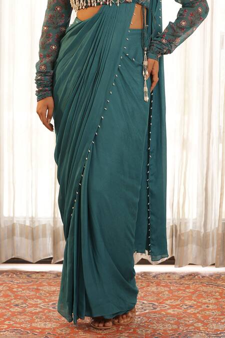 Buy_Manisha Soni Couture_Green Chiffon, Georgette Pearls, Sequins, Floral Work Pre-draped Saree Set For Kids_Online_at_Aza_Fashions