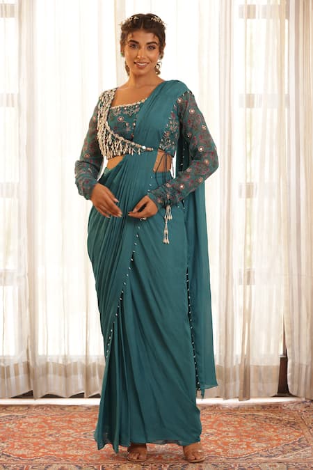 Manisha Soni Couture Green Georgette Printed Floral Hand Embroidered Pre-draped Saree With Blouse 