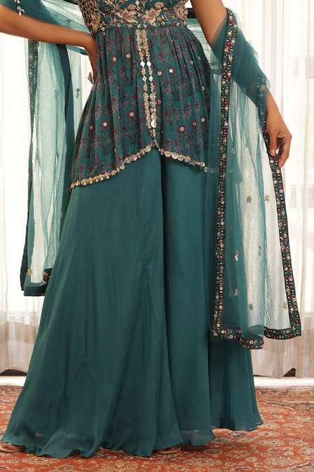 Manisha Soni Couture_Green Chiffon, Net Sequins, Pearls, Floral Mirror Work Peplum Kurta Set For Kids_at_Aza_Fashions