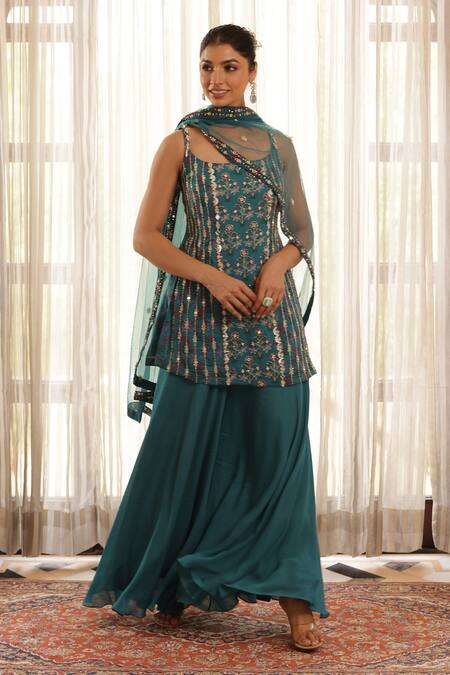 Buy_Manisha Soni Couture_Green Chiffon, Net Pearls, Sequins Floral Mirror Work Kurta Pant Set For Kids_Online_at_Aza_Fashions