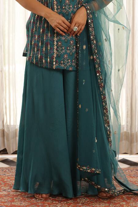 Shop_Manisha Soni Couture_Green Chiffon, Net Pearls, Sequins Floral Mirror Work Kurta Pant Set For Kids_Online_at_Aza_Fashions