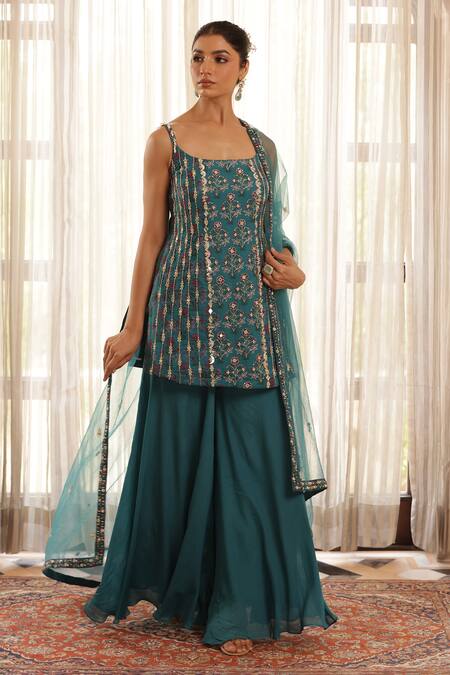 Manisha Soni Couture_Green Chiffon, Net Pearls, Sequins Floral Mirror Work Kurta Pant Set For Kids_at_Aza_Fashions