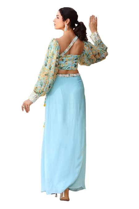 Manisha Soni Couture Blue Chiffon, Georgette Embroidery, Sequins Floral Print Blouse With Skirt at Aza Fashions Manisha Soni Couture_Blue Chiffon, Georgette Embroidery, Sequins Floral Print Blouse With Skirt _at_Aza_Fashions