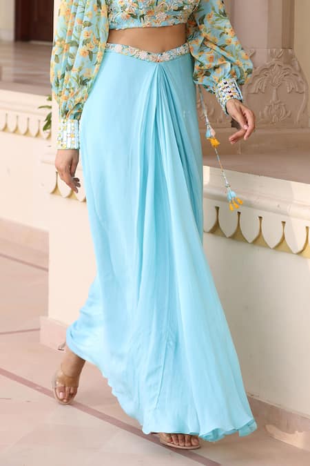 Buy Manisha Soni Couture Blue Chiffon, Georgette Embroidery, Sequins Floral Print Blouse With Skirt Buy_Manisha Soni Couture_Blue Chiffon, Georgette Embroidery, Sequins Floral Print Blouse With Skirt