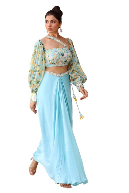 Shop Manisha Soni Couture Blue Chiffon, Georgette Embroidery, Sequins Floral Print Blouse With Skirt Shop_Manisha Soni Couture_Blue Chiffon, Georgette Embroidery, Sequins Floral Print Blouse With Skirt