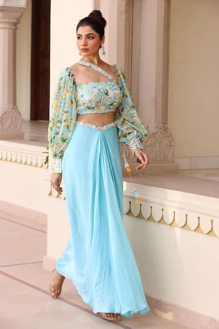 Manisha Soni Couture Blue Skirt Georgette Printed Floral Asymmetric Neckline Blouse With 