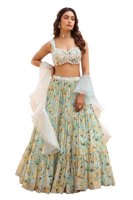 Buy_Manisha Soni Couture_Blue Chiffon, Organza Pearls, Sequins, Cut Work Floral Print Tiered Lehenga Set For Kids_Online_at_Aza_Fashions