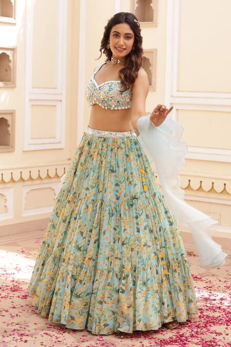 Shop_Manisha Soni Couture_Blue Chiffon, Organza Pearls, Sequins, Cut Work Floral Print Tiered Lehenga Set For Kids_Online_at_Aza_Fashions