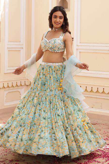 Manisha Soni Couture_Blue Chiffon, Organza Pearls, Sequins, Cut Work Floral Print Tiered Lehenga Set For Kids_at_Aza_Fashions