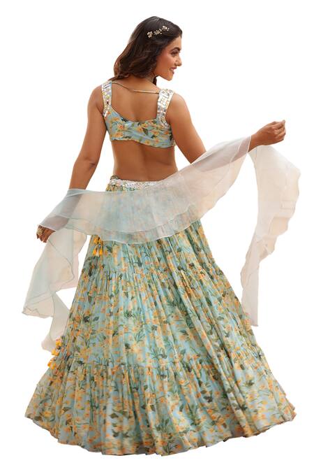 Shop_Manisha Soni Couture_Blue Chiffon, Organza Pearls, Sequins, Cut Work Floral Print Tiered Lehenga Set For Kids