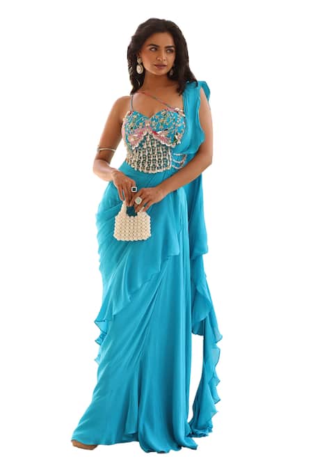 Shop_Manisha Soni Couture_Blue Chiffon, Net, Georgette Pearls, Sequins, Floral Work Pre-draped Saree Set For Kids_Online_at_Aza_Fashions