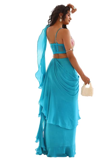 Manisha Soni Couture_Blue Chiffon, Net, Georgette Pearls, Sequins, Floral Work Pre-draped Saree Set For Kids_at_Aza_Fashions