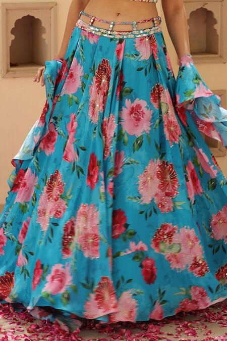 Buy_Manisha Soni Couture_Blue Chiffon Sequins, Cut Work, Embroidery Floral Printed Lehenga Set For Kids_Online_at_Aza_Fashions