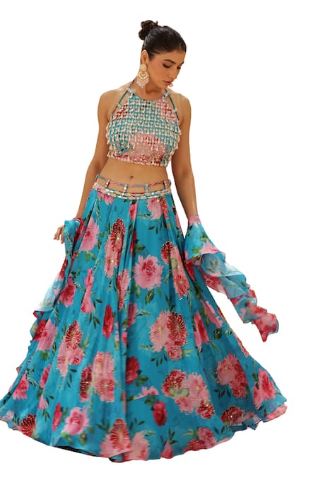 Shop_Manisha Soni Couture_Blue Chiffon Sequins, Cut Work, Embroidery Floral Printed Lehenga Set For Kids_Online_at_Aza_Fashions