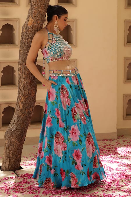 Buy_Manisha Soni Couture_Blue Chiffon Sequins, Cut Work, Embroidery Floral Printed Lehenga Set For Kids