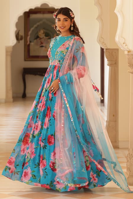 Buy_Manisha Soni Couture_Blue Chiffon, Net Sequins Floral Printed Anarkali And Dupatta Set For Kids_Online_at_Aza_Fashions