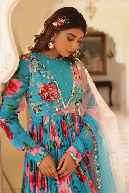 Shop_Manisha Soni Couture_Blue Chiffon, Net Sequins Floral Printed Anarkali And Dupatta Set For Kids_Online_at_Aza_Fashions