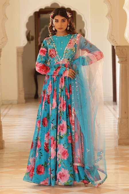 Manisha Soni Couture Blue Anarkali Chinnon Chiffon Printed Floral Closed Round Neck With Dupatta 